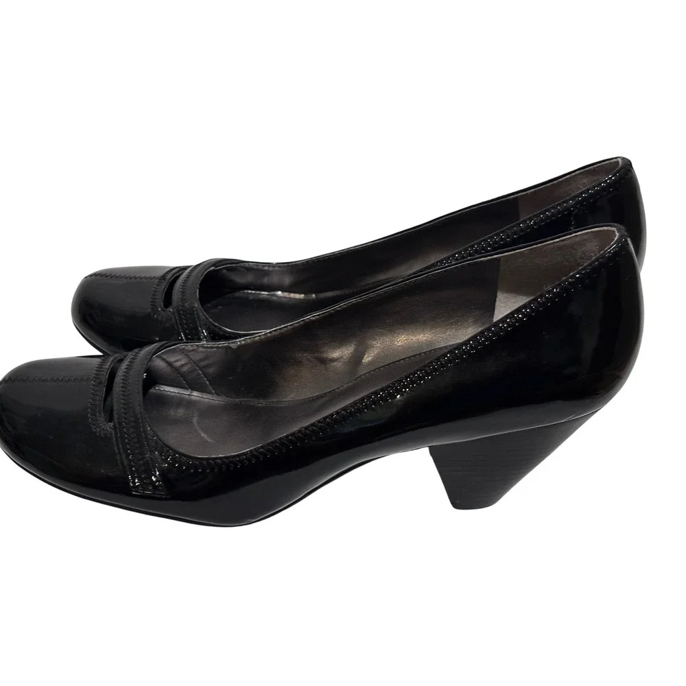 Marc Fisher Black Patent Round Toe Cone Heel Pumps Women 10M minimalist comfort